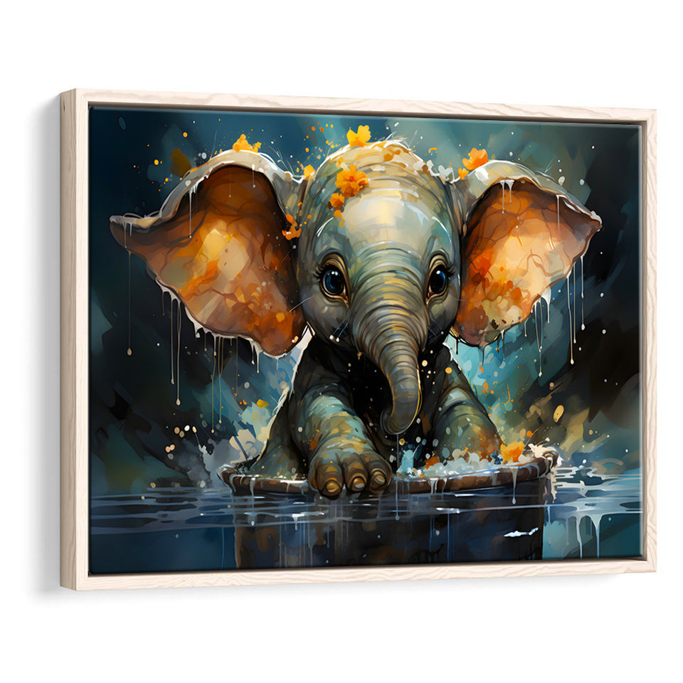 Baby Elephant Colorful In Bathtub Framed Canvas Prints Wall Art Home Decor, Painting Canvas, Floating Frame