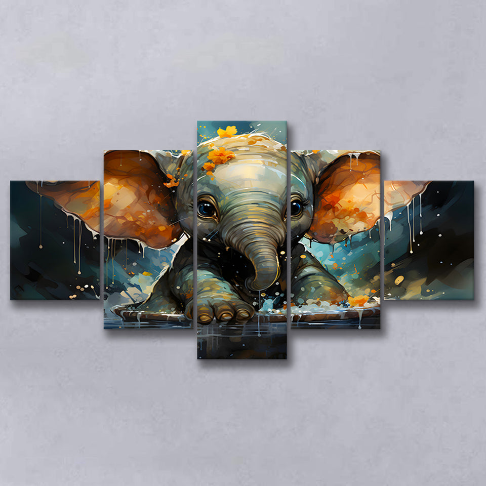 Baby Elephant Colorful In Bathtub 5 Panels Canvas Prints Wall Art Home Decor, Large Mixed Canvas