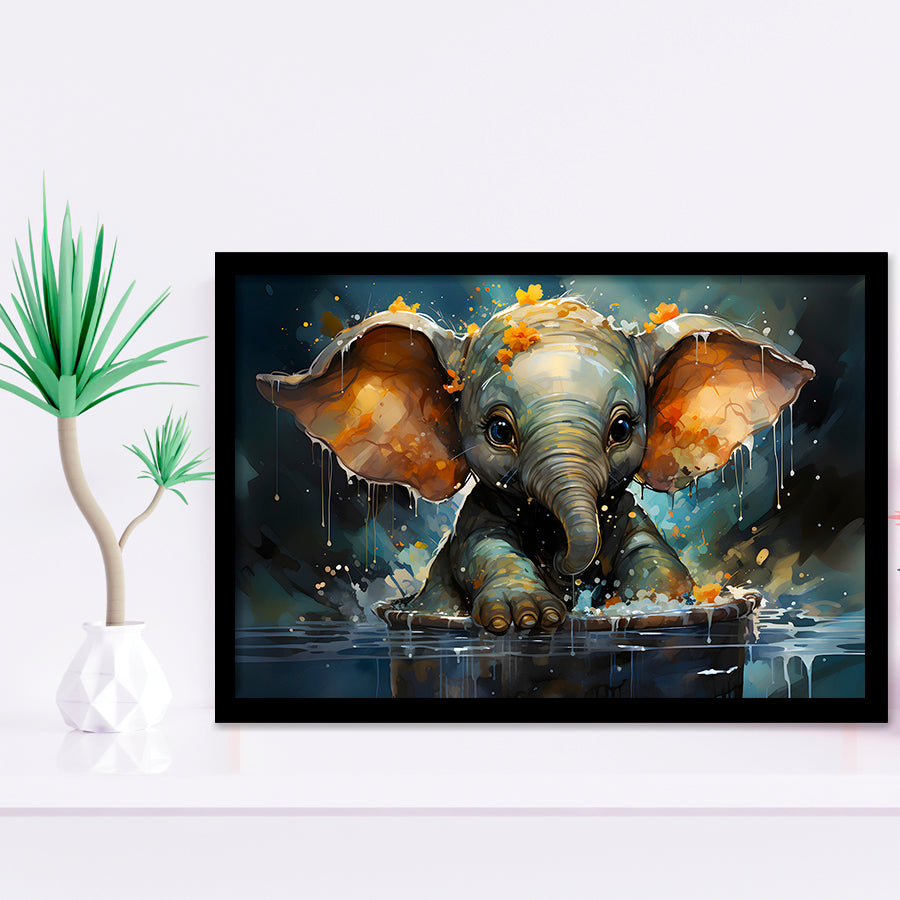 Baby Elephant Colorful In Bathtub Framed Art Prints Wall Decor, Painting Art, Framed Picture