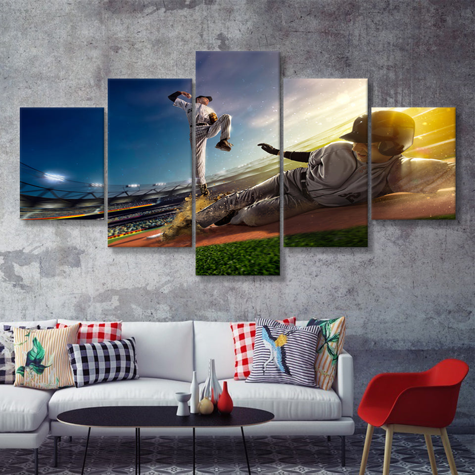 Baseball Players On The Grand Arena  5 Pieces Canvas Prints Wall Art - Painting Canvas, Multi Panel, Home Wall Decor, For Sale