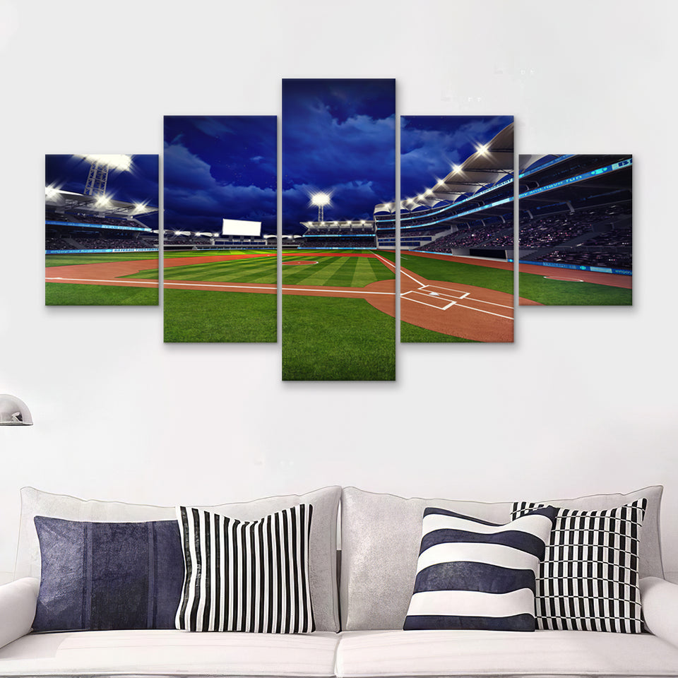 Baseball Stadium With Spectators And Green Grass  5 Pieces Canvas Prints Wall Art - Painting Canvas, Multi Panel, Home Wall Decor, For Sale