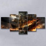 Battle Between Two Pirate Ship 5 Panels Canvas Prints Wall Art Home Decor, Large Mixed Canvas