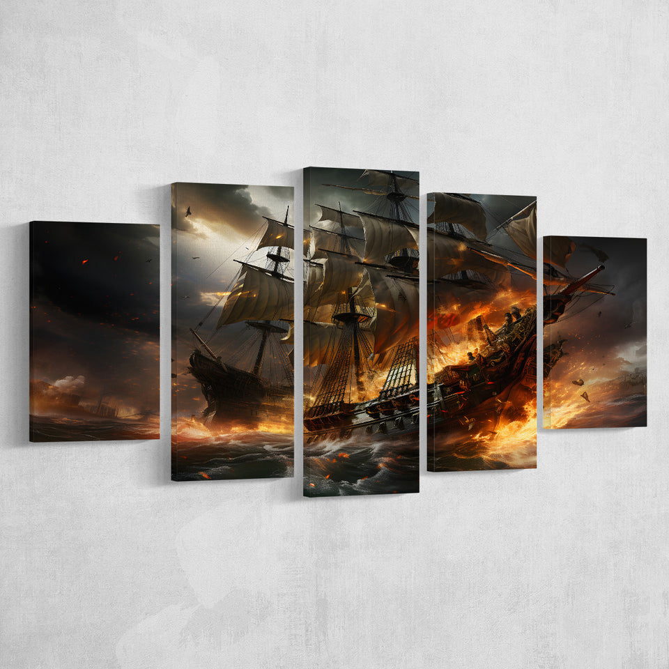 Battle Between Two Pirate Ship 5 Panels Canvas Prints Wall Art Home Decor, Large Mixed Canvas