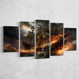 Battle Between Two Pirate Ship 5 Panels Canvas Prints Wall Art Home Decor, Large Mixed Canvas