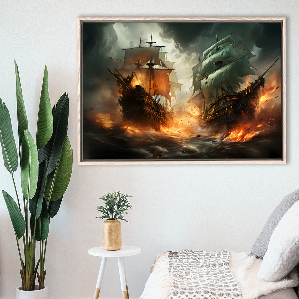 Battle Between Two Pirate Ship Painting V3 Framed Canvas Prints Wall Art Home Decor, Painting Canvas, Floating Frame