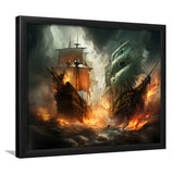 Battle Between Two Pirate Ship Painting V3 Framed Art Prints Wall Decor, Painting Art, Framed Picture