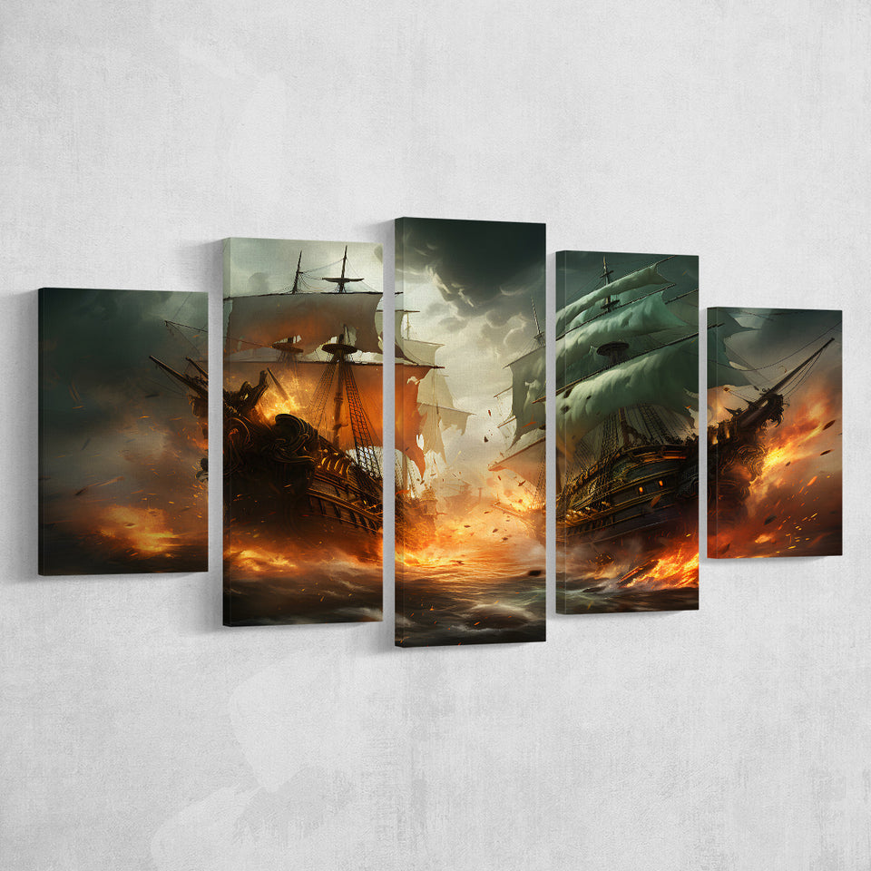 Battle Between Two Pirate Ship Painting V3 5 Panels Canvas Prints Wall Art Home Decor, Large Mixed Canvas