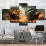 Battle Between Two Pirate Ship Painting V3 5 Panels Canvas Prints Wall Art Home Decor, Large Mixed Canvas
