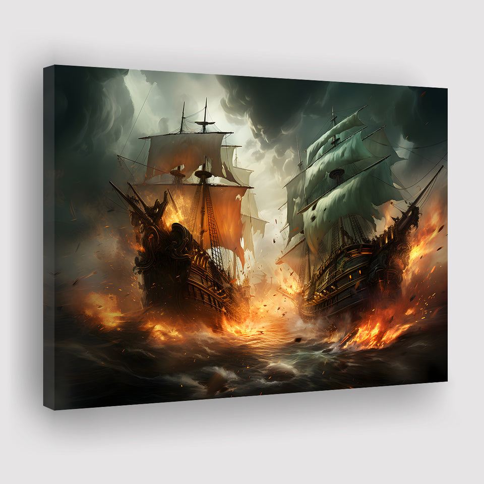 Battle Between Two Pirate Ship Painting V3 Canvas Prints Wall Art Home Decor, Painting Canvas, Living Room Wall Decor