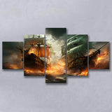 Battle Between Two Pirate Ship Painting V3 5 Panels Canvas Prints Wall Art Home Decor, Large Mixed Canvas