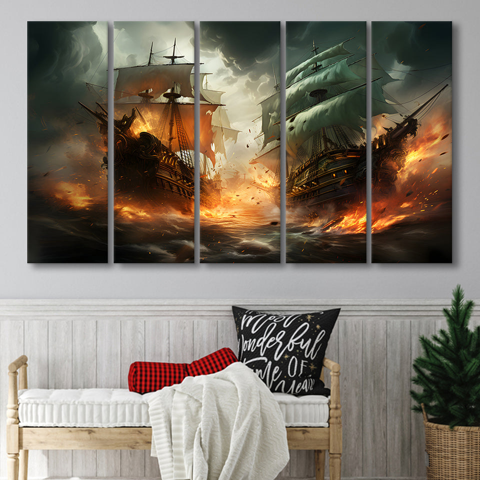Battle Between Two Pirate Ship Painting V3 5 Panels B Canvas Prints Wall Art Home Decor, Extra Large Canvas