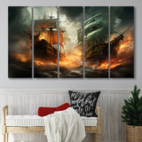 Battle Between Two Pirate Ship Painting V3 5 Panels B Canvas Prints Wall Art Home Decor, Extra Large Canvas