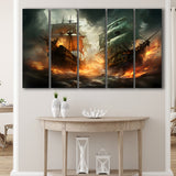 Battle Between Two Pirate Ship Painting V3 5 Panels B Canvas Prints Wall Art Home Decor, Extra Large Canvas
