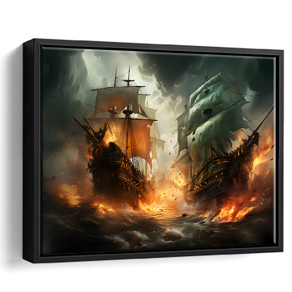 Battle Between Two Pirate Ship Painting V3 Framed Canvas Prints Wall Art Home Decor, Painting Canvas, Floating Frame