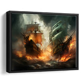 Battle Between Two Pirate Ship Painting V3 Framed Canvas Prints Wall Art Home Decor, Painting Canvas, Floating Frame