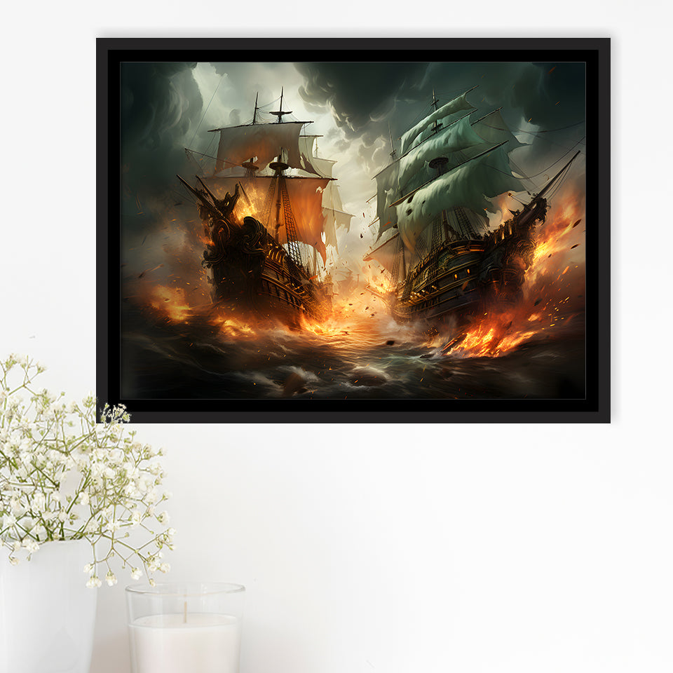 Battle Between Two Pirate Ship Painting V3 Framed Canvas Prints Wall Art Home Decor, Painting Canvas, Floating Frame