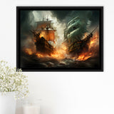 Battle Between Two Pirate Ship Painting V3 Framed Canvas Prints Wall Art Home Decor, Painting Canvas, Floating Frame