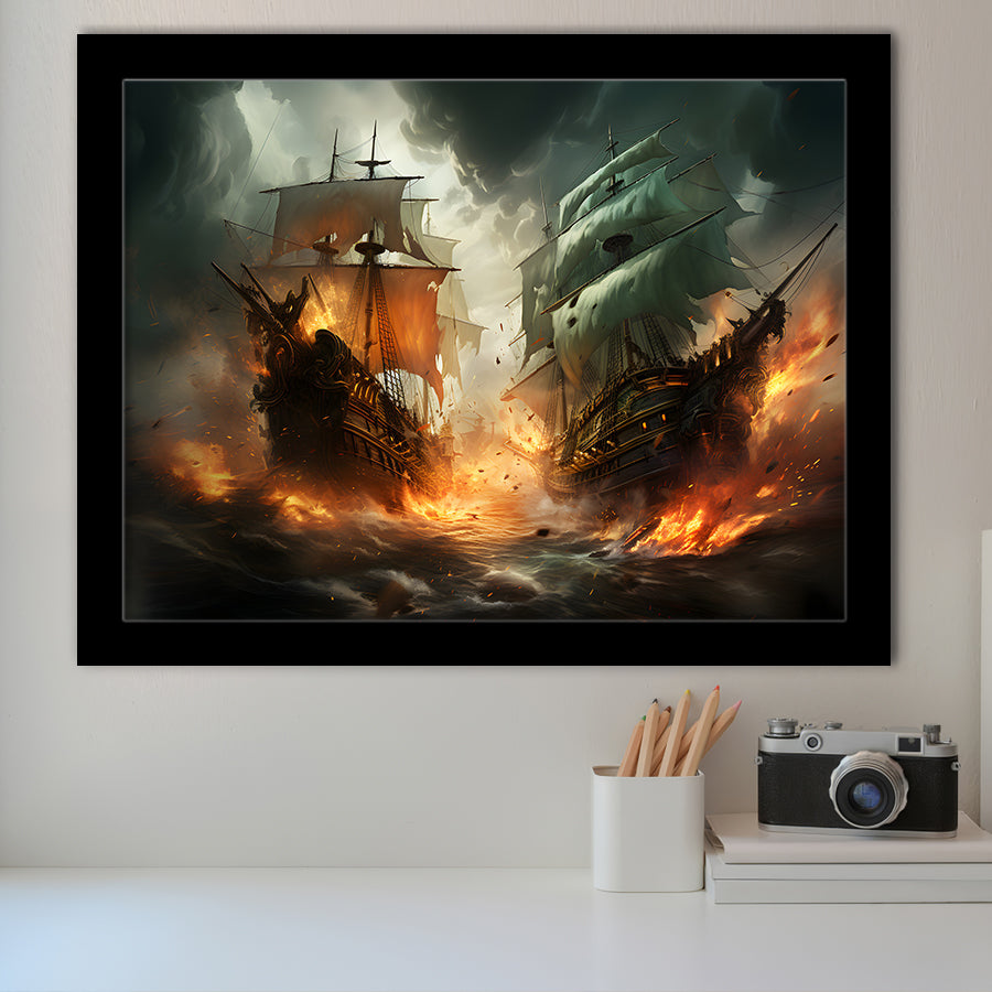Battle Between Two Pirate Ship Painting V3 Framed Art Prints Wall Decor, Painting Art, Framed Picture
