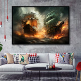 Battle Between Two Pirate Ship Painting V3 Framed Canvas Prints Wall Art Home Decor, Painting Canvas, Floating Frame