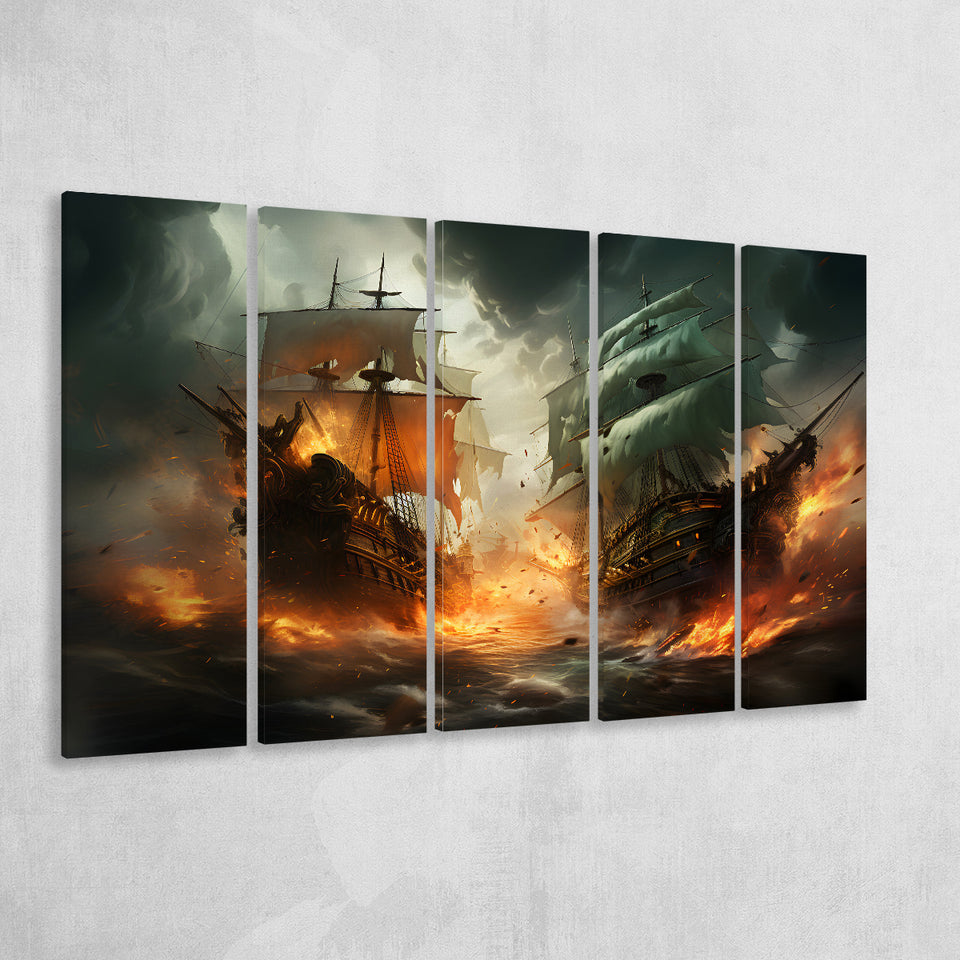 Battle Between Two Pirate Ship Painting V3 5 Panels B Canvas Prints Wall Art Home Decor, Extra Large Canvas