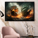 Battle Between Two Pirate Ship Painting V3 Framed Canvas Prints Wall Art Home Decor, Painting Canvas, Floating Frame