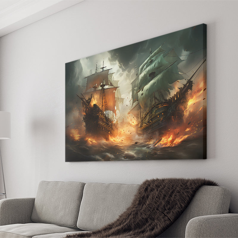 Battle Between Two Pirate Ship Painting V3 Canvas Prints Wall Art Home Decor, Painting Canvas, Living Room Wall Decor