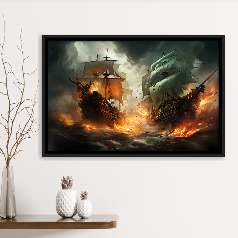 Battle Between Two Pirate Ship Painting V3 Framed Canvas Prints Wall Art Home Decor, Painting Canvas, Floating Frame