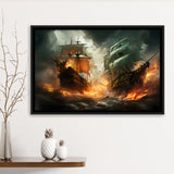 Battle Between Two Pirate Ship Painting V3 Framed Canvas Prints Wall Art Home Decor, Painting Canvas, Floating Frame