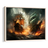 Battle Between Two Pirate Ship Painting V3 Framed Canvas Prints Wall Art Home Decor, Painting Canvas, Floating Frame