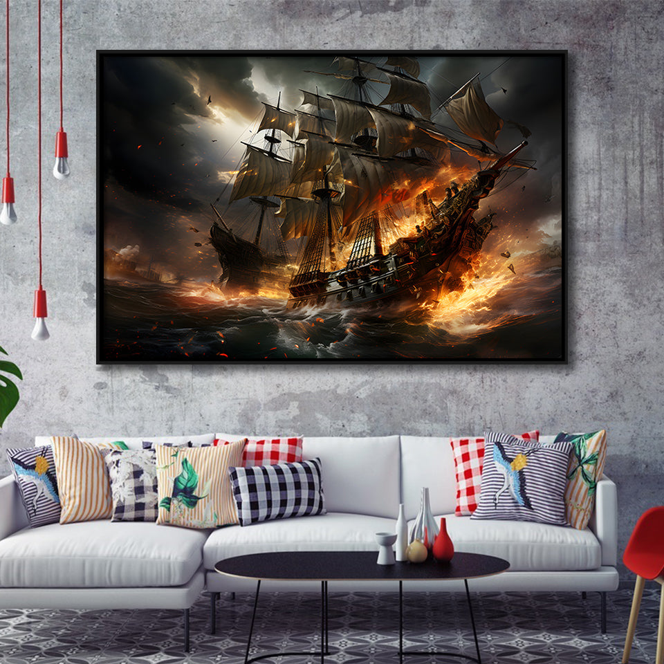Battle Between Two Pirate Ship Framed Canvas Prints Wall Art Home Decor, Painting Canvas, Floating Frame