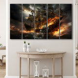 Battle Between Two Pirate Ship 5 Panels B Canvas Prints Wall Art Home Decor, Extra Large Canvas