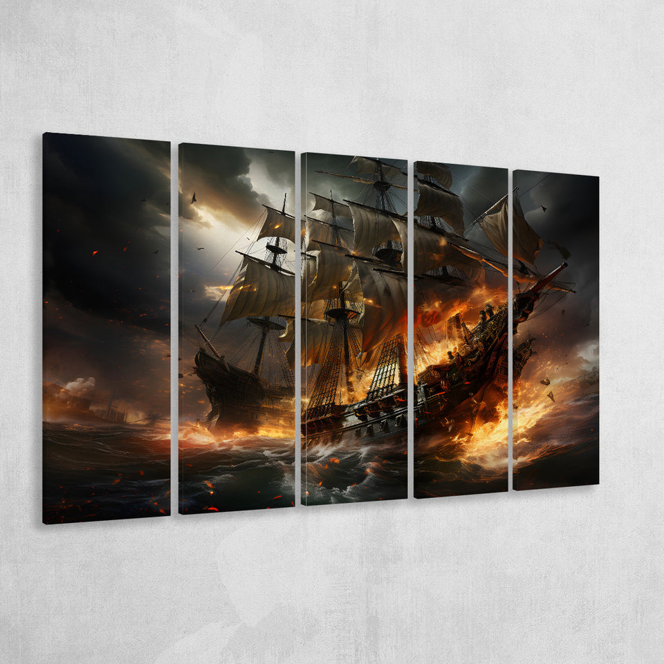 Battle Between Two Pirate Ship 5 Panels B Canvas Prints Wall Art Home Decor, Extra Large Canvas