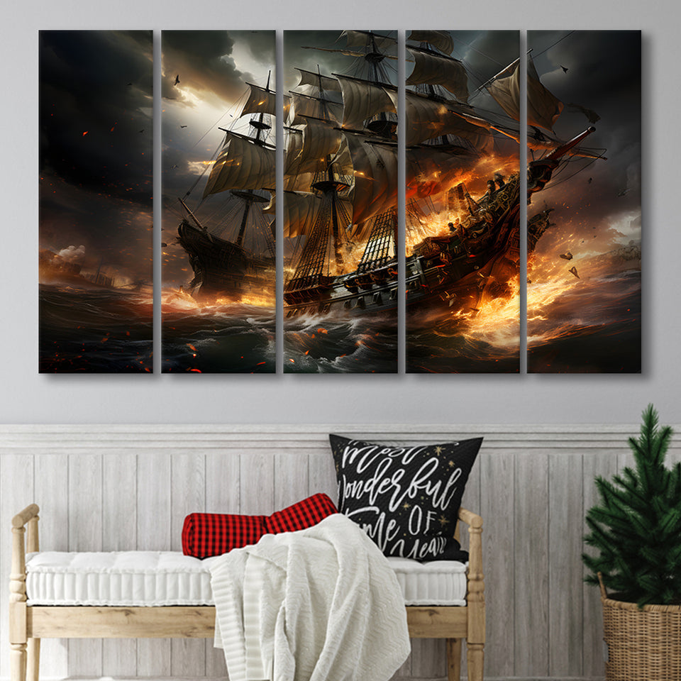 Battle Between Two Pirate Ship 5 Panels B Canvas Prints Wall Art Home Decor, Extra Large Canvas