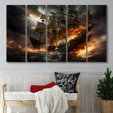 Battle Between Two Pirate Ship 5 Panels B Canvas Prints Wall Art Home Decor, Extra Large Canvas
