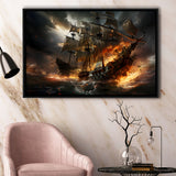 Battle Between Two Pirate Ship Framed Canvas Prints Wall Art Home Decor, Painting Canvas, Floating Frame