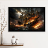 Battle Between Two Pirate Ship Framed Canvas Prints Wall Art Home Decor, Painting Canvas, Floating Frame