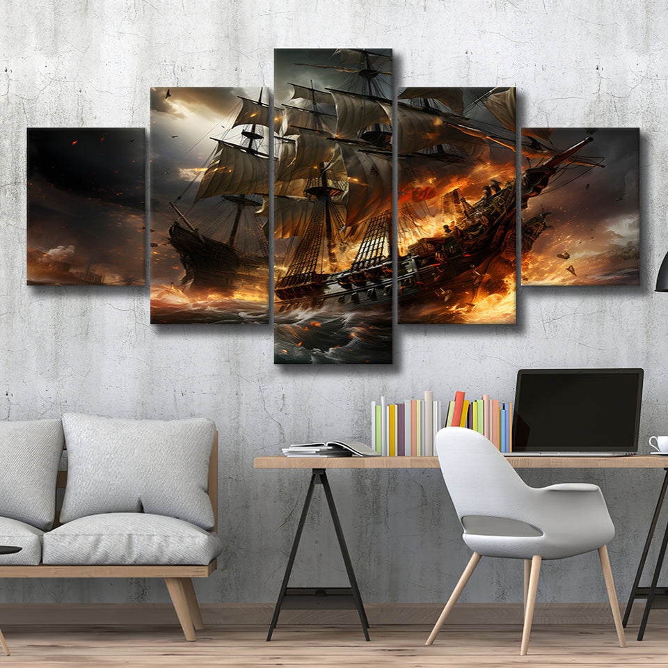 Battle Between Two Pirate Ship 5 Panels Canvas Prints Wall Art Home Decor, Large Mixed Canvas