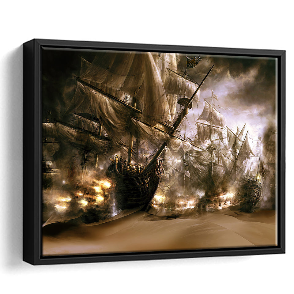 Battle Pirate Ship Framed Canvas Prints Wall Art - Painting Canvas, Home Wall Decor, Prints for Sale,Black Frame