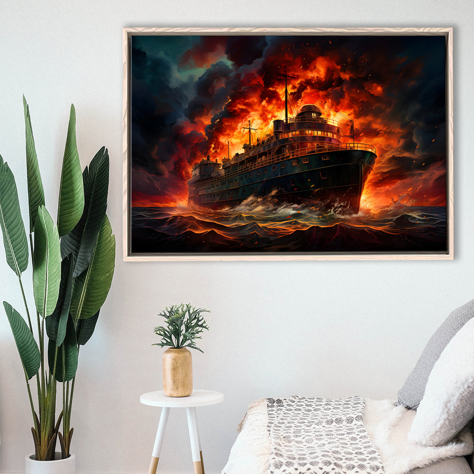 Battle Ship Burned Framed Canvas Prints Wall Art Home Decor, Painting Canvas, Floating Frame