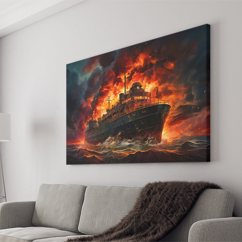 Battle Ship Burned Canvas Prints Wall Art Home Decor, Painting Canvas, Living Room Wall Decor