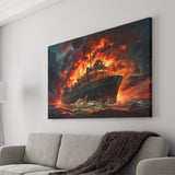 Battle Ship Burned Canvas Prints Wall Art Home Decor, Painting Canvas, Living Room Wall Decor