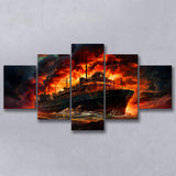 Battle Ship Burned 5 Panels Canvas Prints Wall Art Home Decor, Large Mixed Canvas