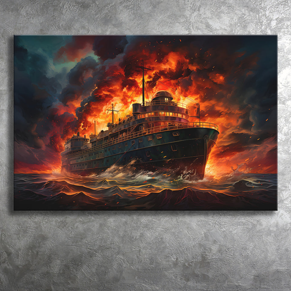 Battle Ship Burned Canvas Prints Wall Art Home Decor, Painting Canvas, Living Room Wall Decor
