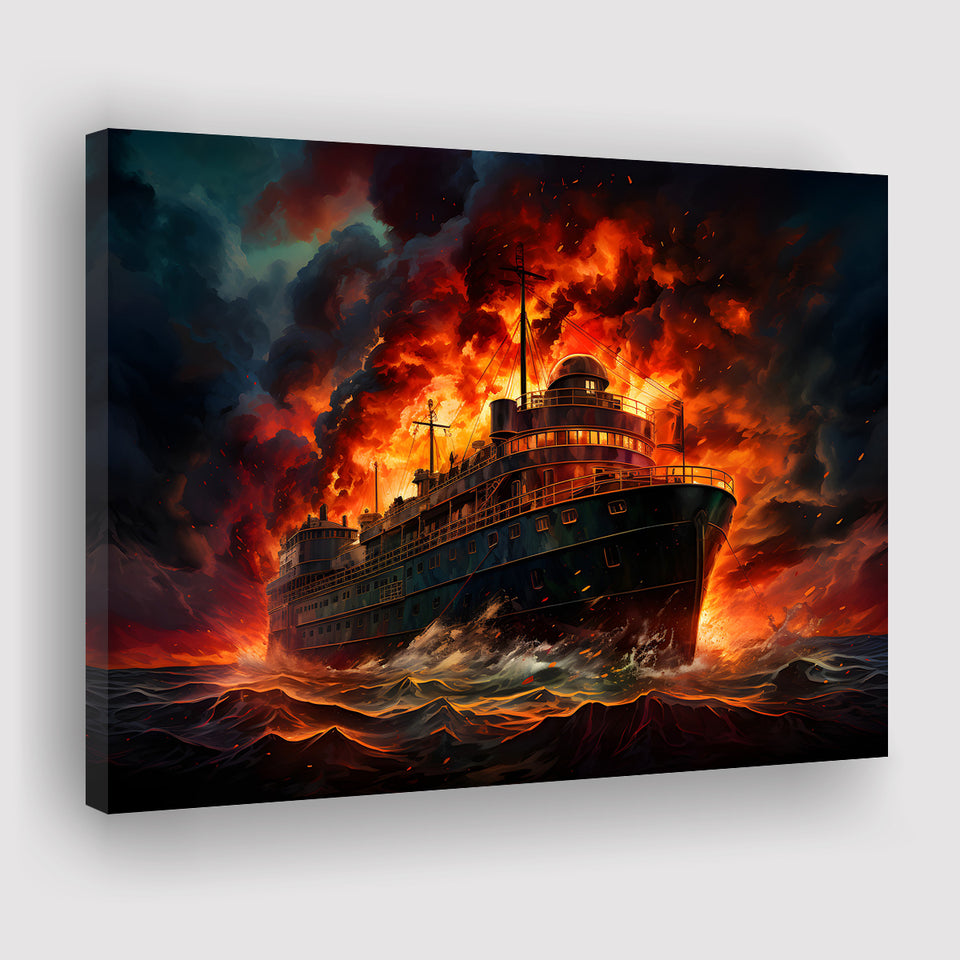 Battle Ship Burned Canvas Prints Wall Art Home Decor, Painting Canvas, Living Room Wall Decor