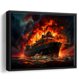 Battle Ship Burned Framed Canvas Prints Wall Art Home Decor, Painting Canvas, Floating Frame