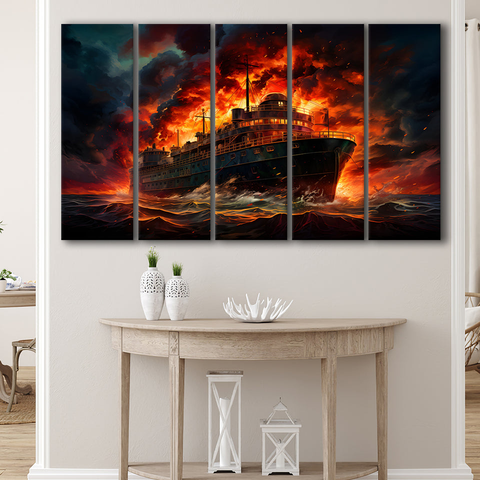 Battle Ship Burned 5 Panels B Canvas Prints Wall Art Home Decor, Extra Large Canvas