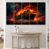 Battle Ship Burned 5 Panels B Canvas Prints Wall Art Home Decor, Extra Large Canvas