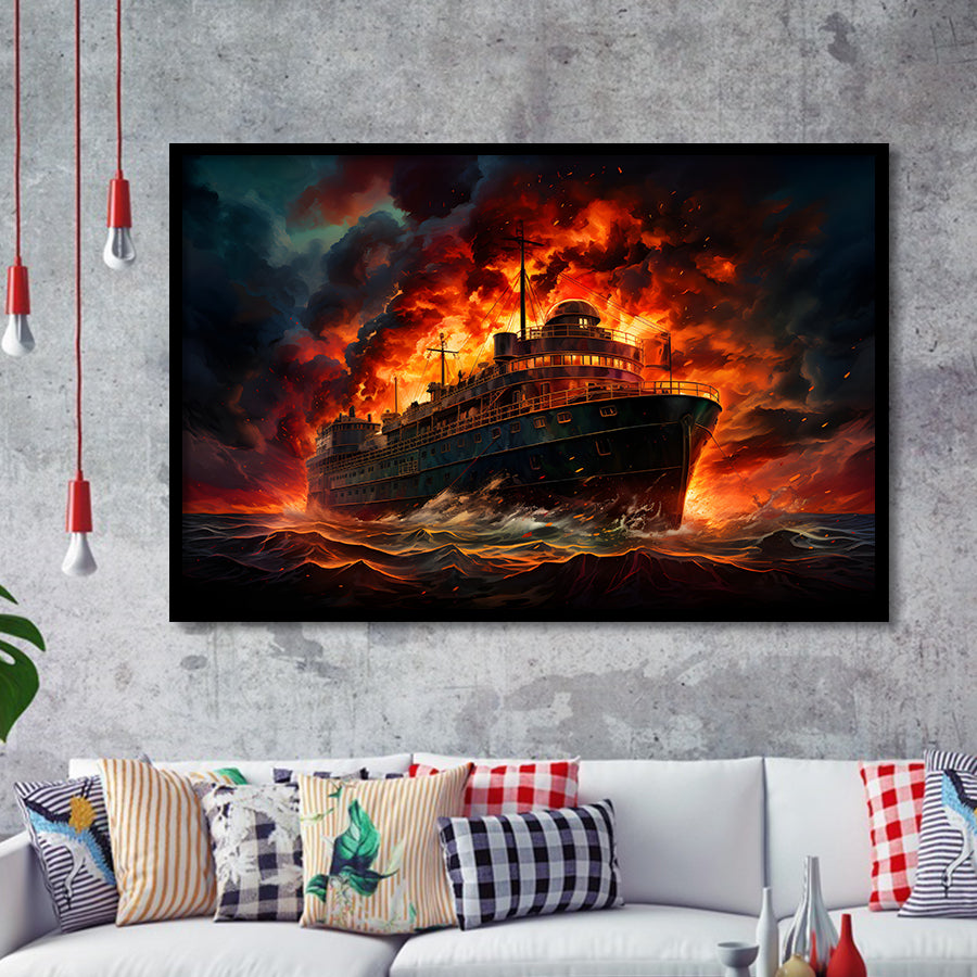 Battle Ship Burned Framed Art Prints Wall Decor, Painting Art, Framed Picture