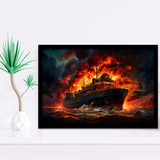 Battle Ship Burned Framed Art Prints Wall Decor, Painting Art, Framed Picture