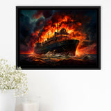 Battle Ship Burned Framed Canvas Prints Wall Art Home Decor, Painting Canvas, Floating Frame